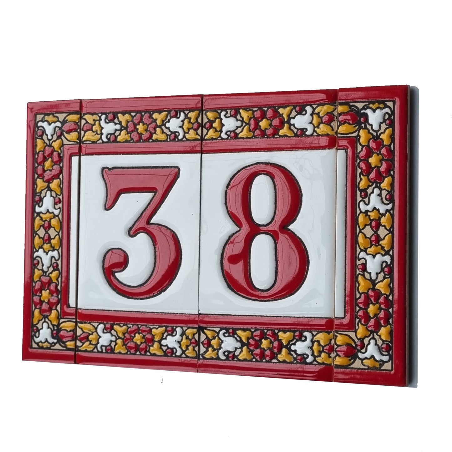 Spanish Floral Roja Ceramic House Number Tiles 11 x 5.5 cm