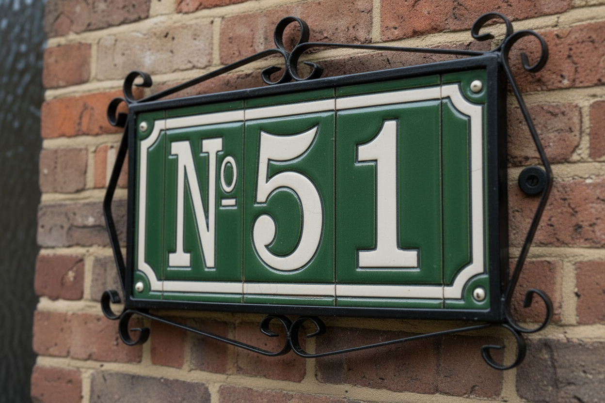 Decorative house number sign with 'No. 51' on a white background