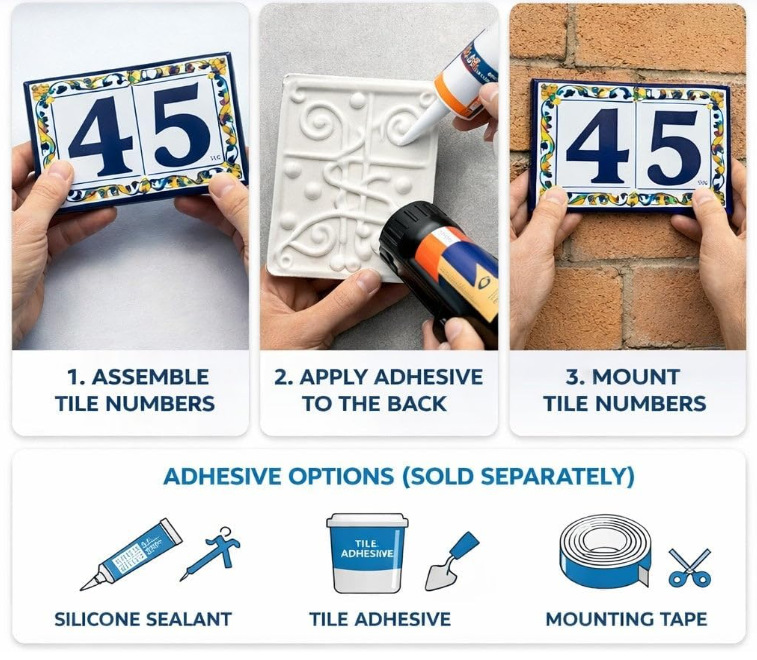 Hand-painted MA-01 Ceramic Blue & Orange Number Tiles | 7.5 x 3.7cm | Metal Frames