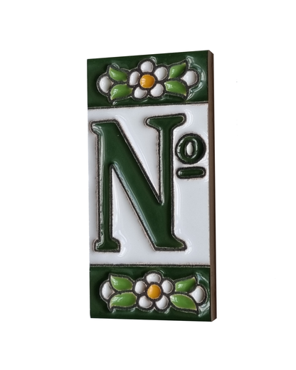Spanish Ceramic Floral Green Mini House Number Tiles 7.5 x 3.5cm & Metal Filigree Frames