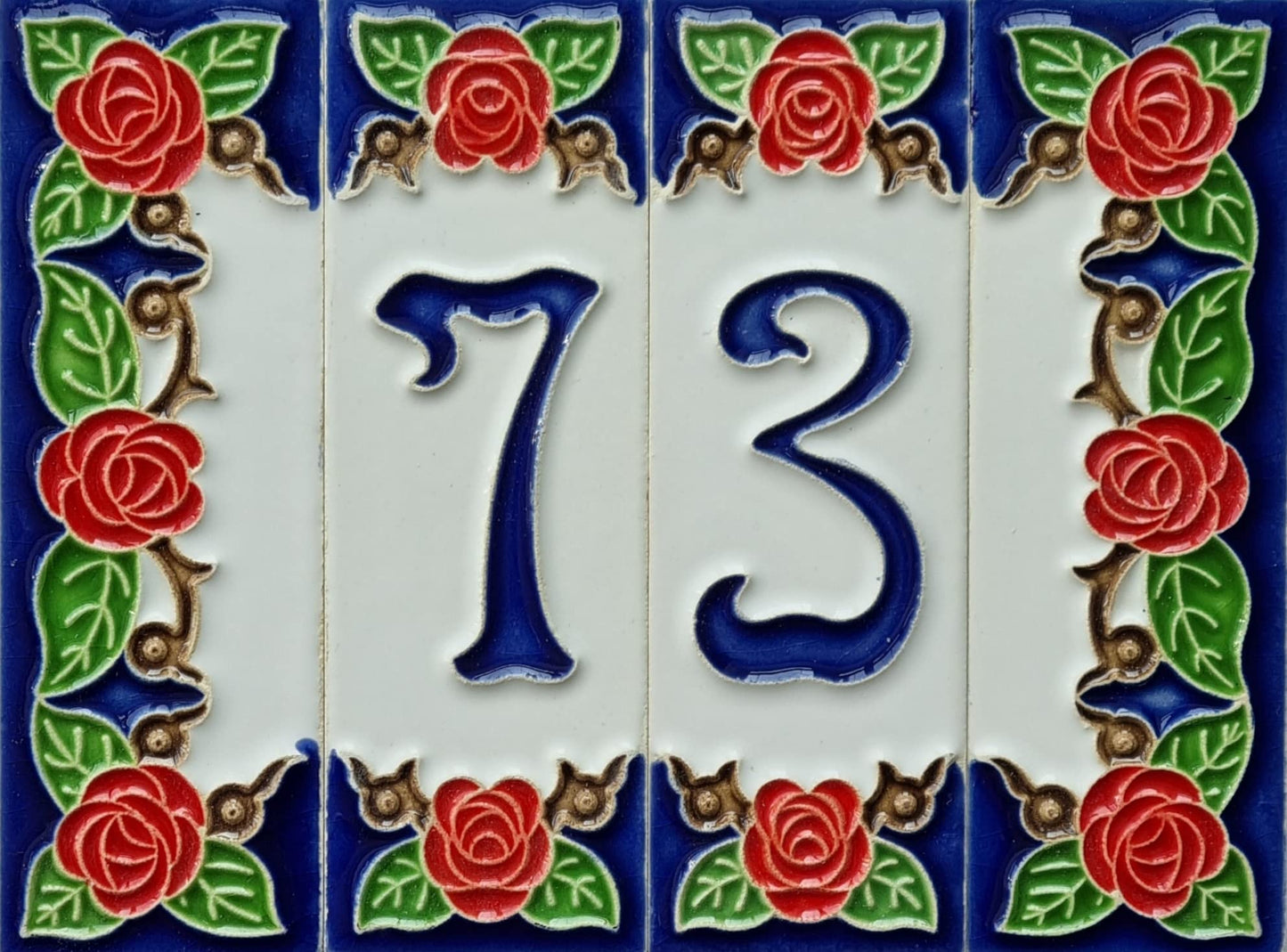 Hand-painted Italian Red Rose Ceramic House Numbers Tiles, Letters 15 x 4.8cm & Frames
