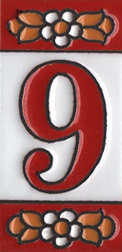 Ceramic House Tile Numbers & Letters, Red Floral Design, Tile Size: 7.5cm x 3.5cm, 2 to 10 Tile Frames