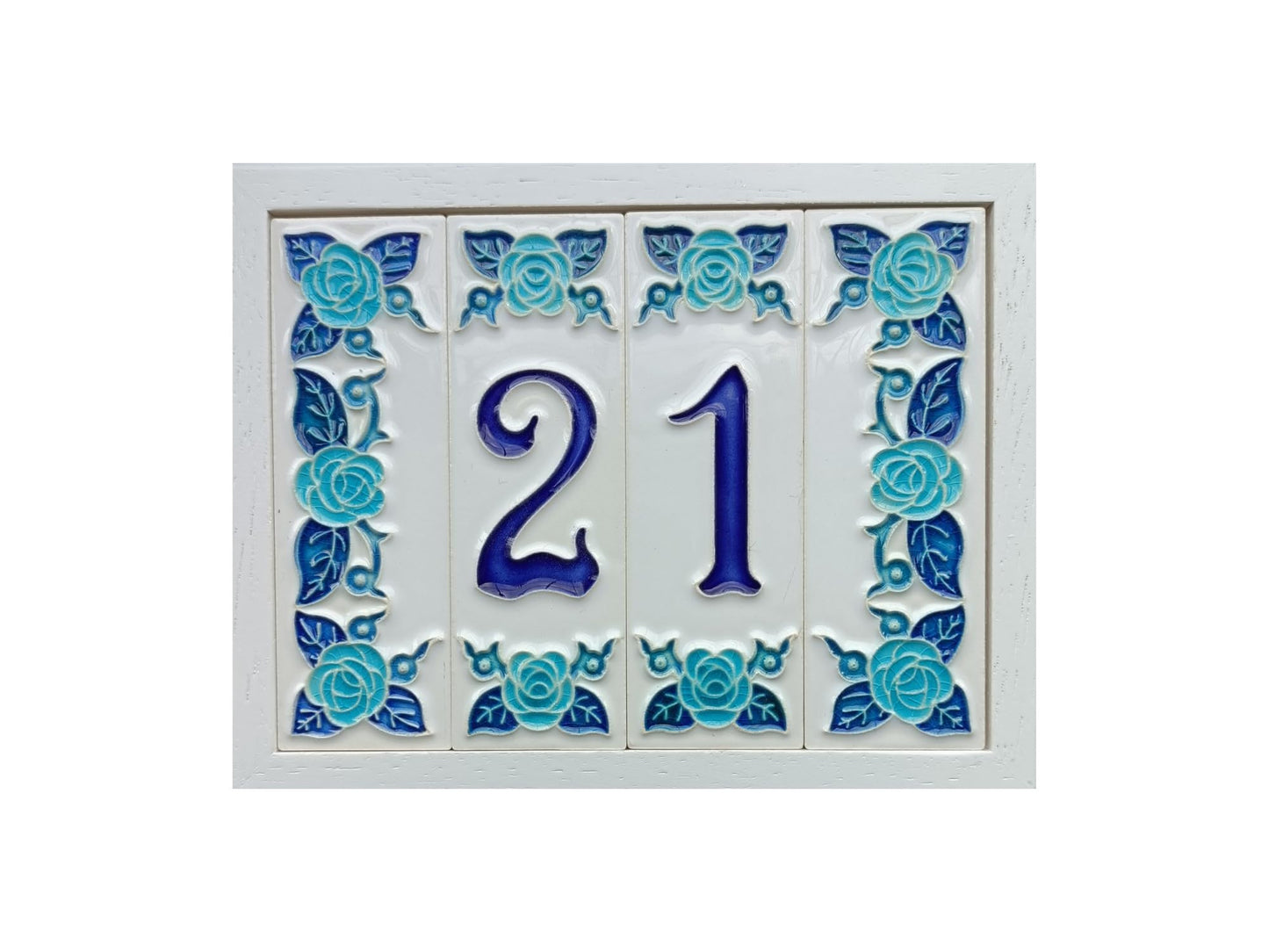 Italian hand-painted blue rose ceramic house number tiles 15 x 4.8cm