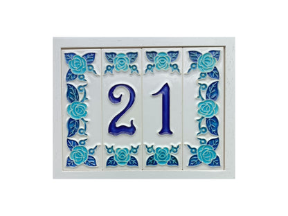 Italian hand-painted blue rose ceramic house number tiles 15 x 4.8cm