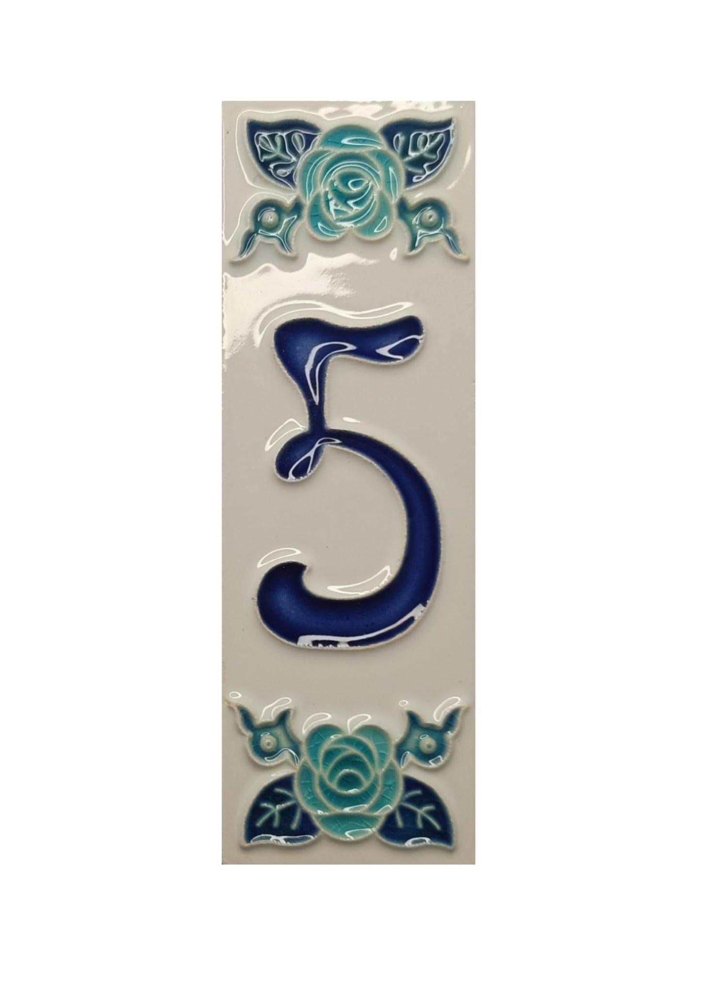 Italian hand-painted blue rose ceramic house number tiles 15 x 4.8cm