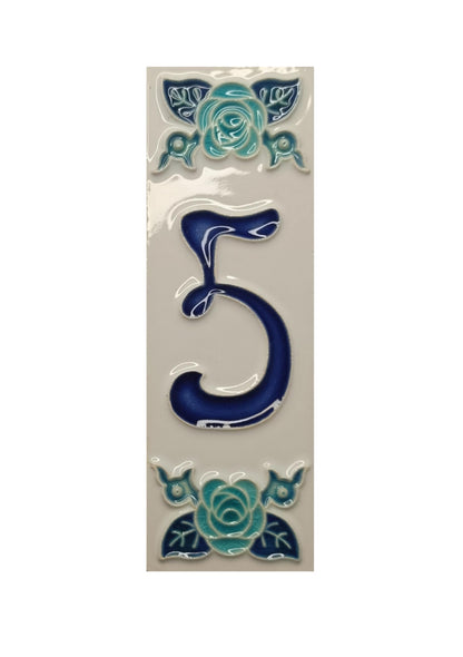 Italian hand-painted blue rose ceramic house number tiles 15 x 4.8cm