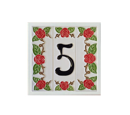 Hand-Painted Italian Ceramic Red Rose House Numbers 10 x 3.3 cm with Black Numbers