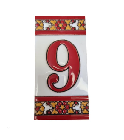 Spanish Floral Roja Ceramic House Number Tiles 11 x 5.5 cm
