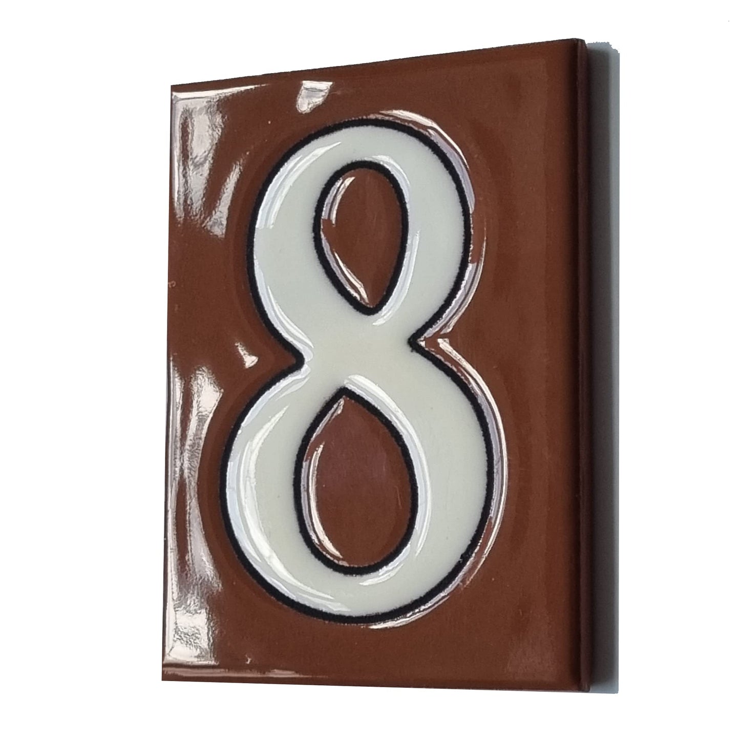 Hand-Painted Cerami House Number Tiles 10 x 7.5cm Costa Brown & White Design