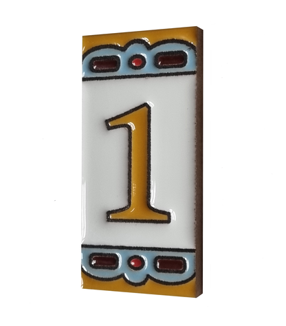 Hand-painted MA-01 Ceramic Blue & Orange Number Tiles | 7.5 x 3.7cm | Metal Frames