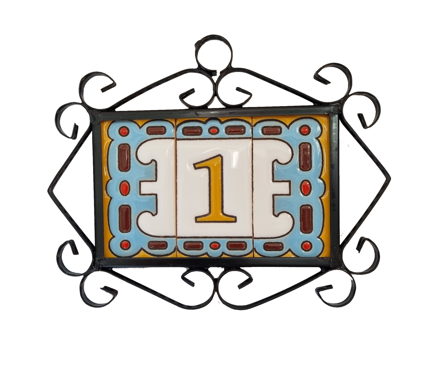 Hand-painted MA-01 Ceramic Blue & Orange Number Tiles | 7.5 x 3.7cm | Metal Frames