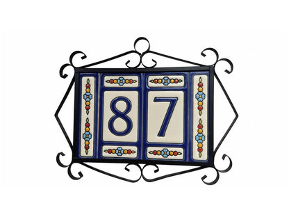 Atalaya m-7 Blue Hand-Painted Ceramic House Number Tiles 11 x 5.5cm