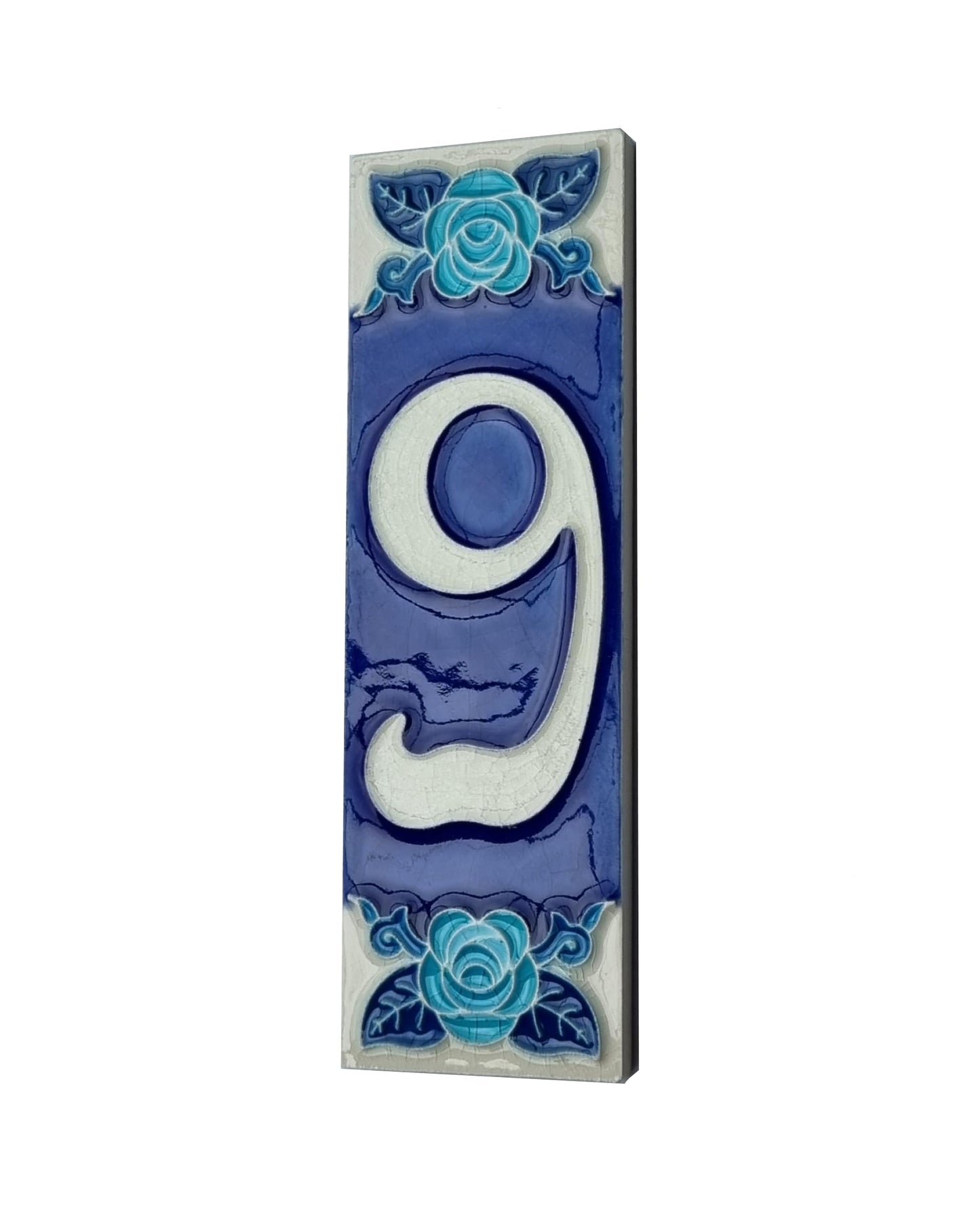 Italian Hand-painted Glow Dark Blue Rose Ceramic House Number Tiles 15 x 4.8 cm