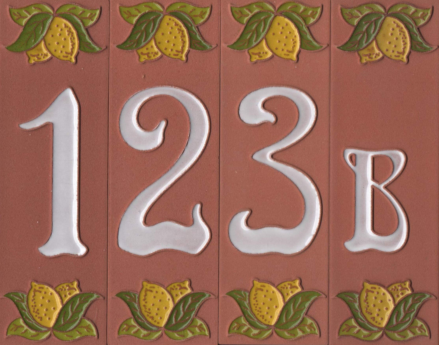 Terracotta Hand-painted Lemon Designed Ceramic House Number Tiles 15 x 4.8 cm