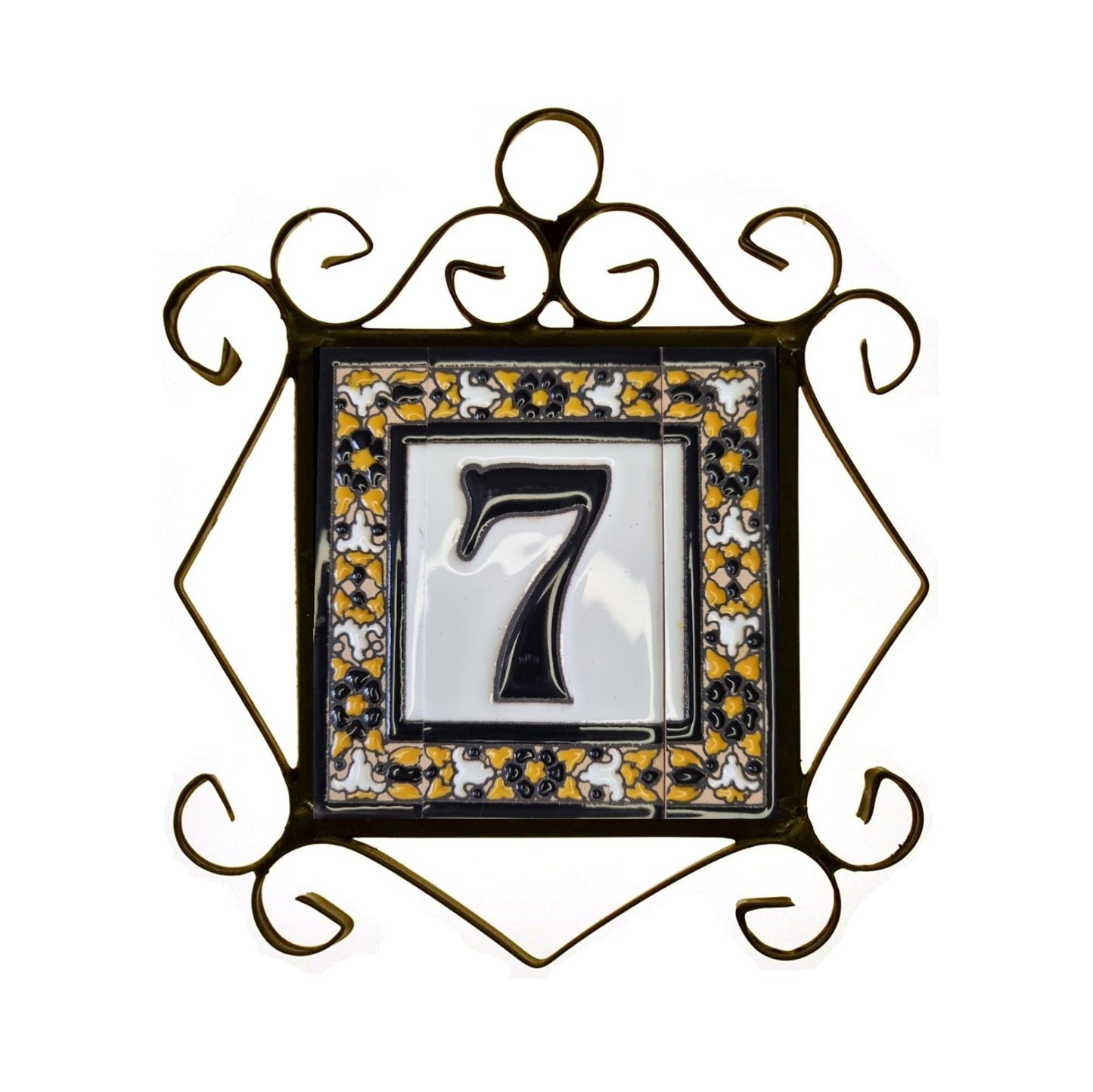 Hand-Painted Black Floral Ceramic Number Tiles 11 x 5.5cm with the option of Metal Filigree Frames