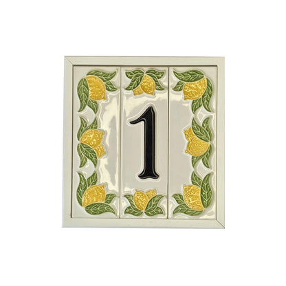 Italian hand-painted lemon ceramic house number tiles with black fonts 10 x 3.3 cm