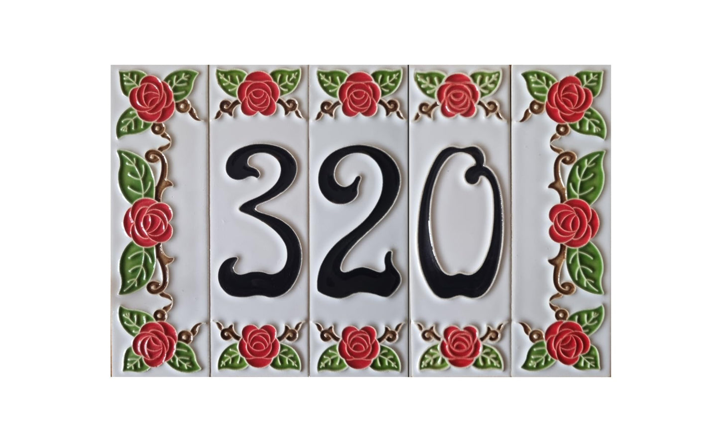 Hand-Painted Italian Ceramic House Number Tile | Red Rose Design 15 x 4.8 cm