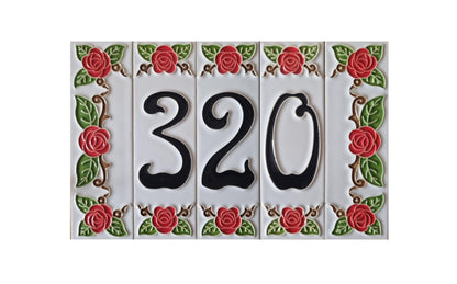 Hand-Painted Italian Ceramic House Number Tile | Red Rose Design 15 x 4.8 cm