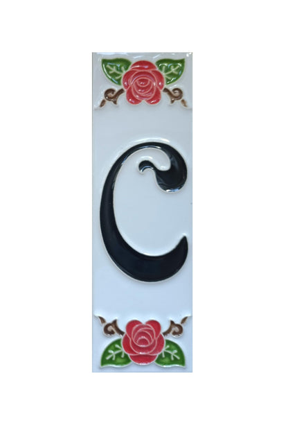 Hand-Painted Italian Ceramic House Number Tile | Red Rose Design 15 x 4.8 cm