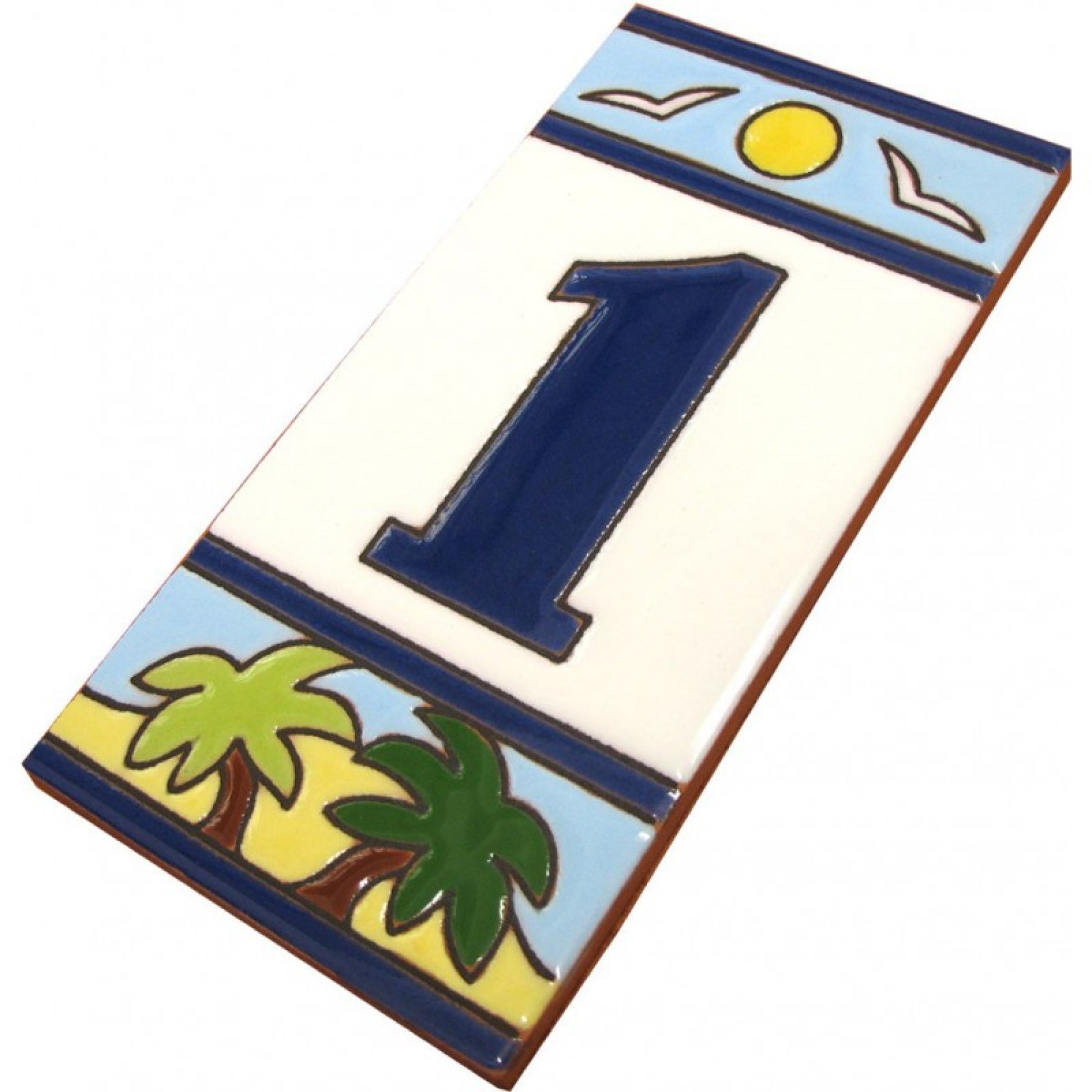Decorative house number '1' with tropical design elements on a white background