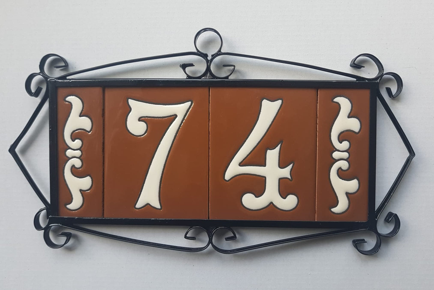 Hand-Painted Cerami House Number Tiles 10 x 7.5cm Costa Brown & White Design