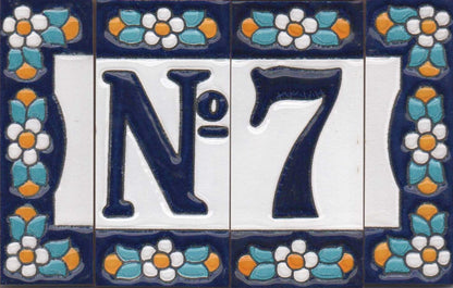 Ceramic House Tile Numbers & Letters, Blue Floral Design, 7.5cm x 3.5cm, 2 to 10 Frames