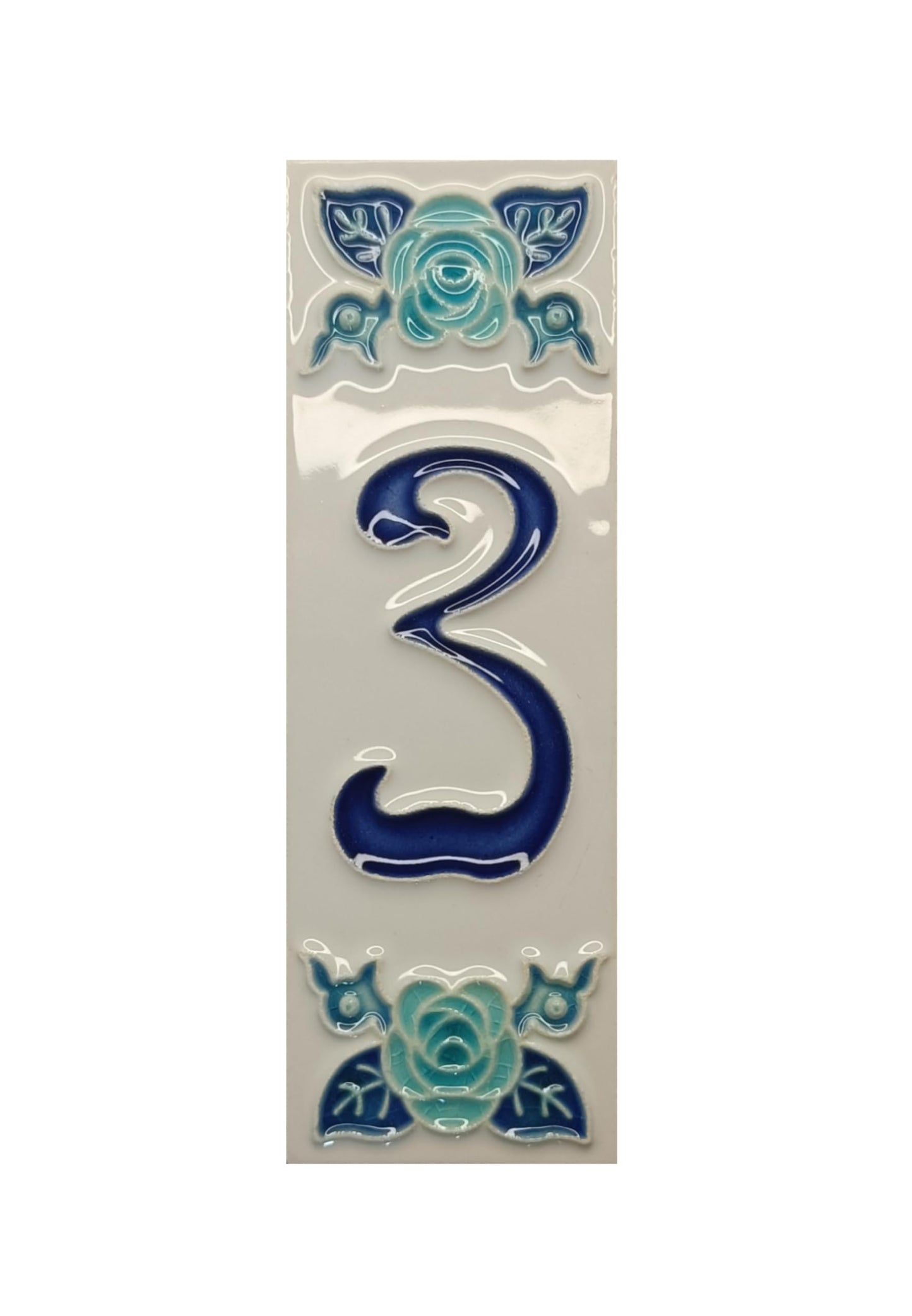 Italian hand-painted blue rose ceramic house number tiles 15 x 4.8cm
