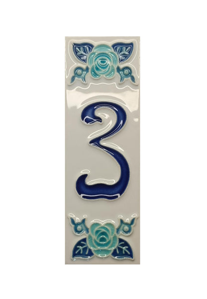 Italian hand-painted blue rose ceramic house number tiles 15 x 4.8cm