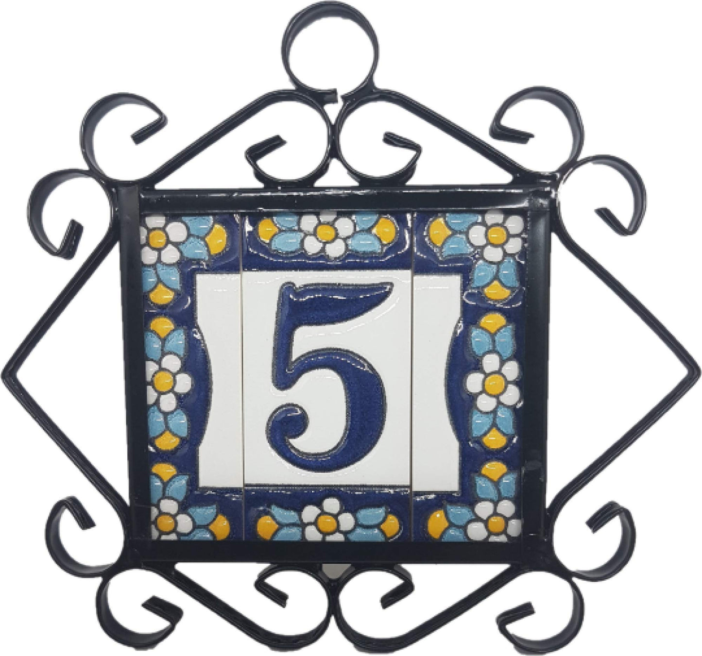 Ceramic House Tile Numbers & Letters, Blue Floral Design, 7.5cm x 3.5cm, 2 to 10 Frames