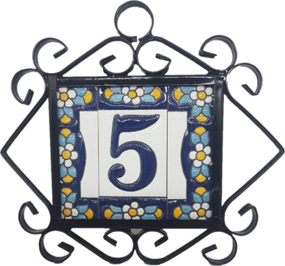 Ceramic House Tile Numbers & Letters, Blue Floral Design, 7.5cm x 3.5cm, 2 to 10 Frames