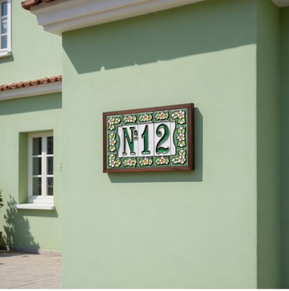 Hand-painted Green Floral House Number Tiles 10 x 3.3 cm