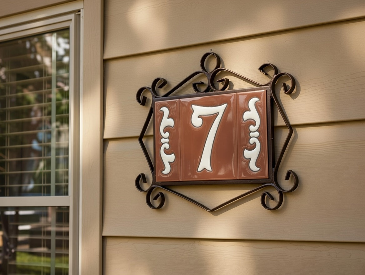 Hand-Painted Cerami House Number Tiles 10 x 7.5cm Costa Brown & White Design