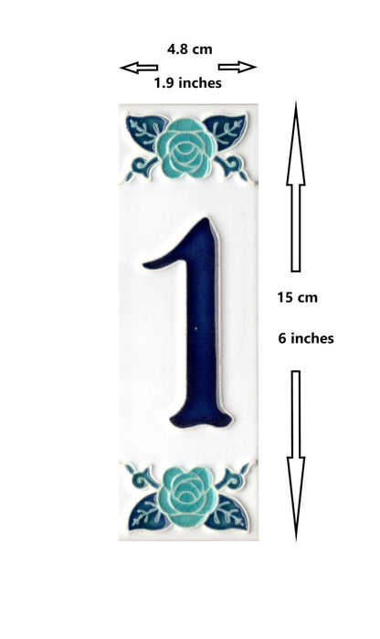 Italian hand-painted blue rose ceramic house number tiles 15 x 4.8cm