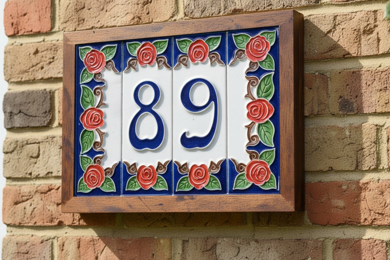 Decorative house number plaque with roses and a wooden frame