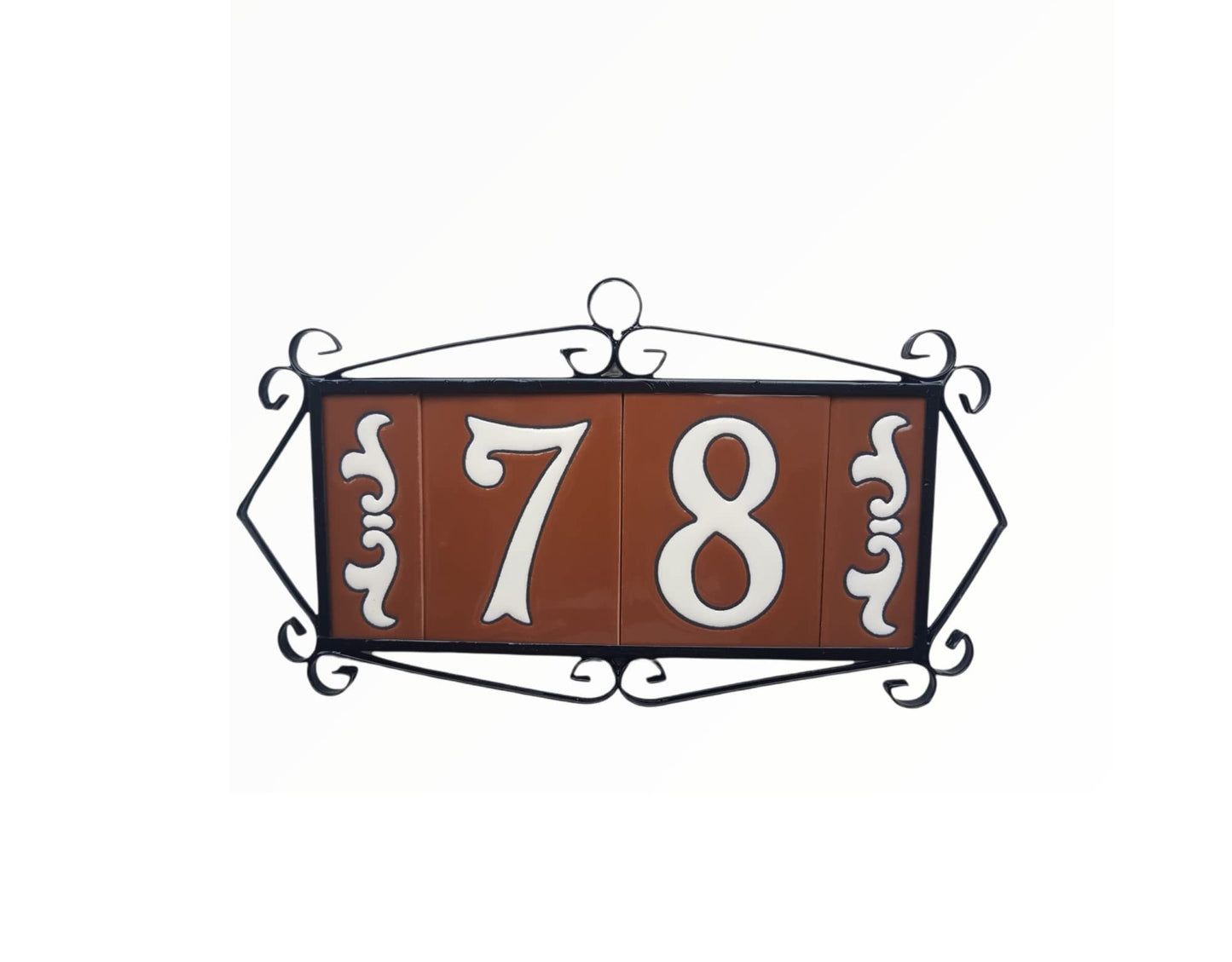 Hand-Painted Cerami House Number Tiles 10 x 7.5cm Costa Brown & White Design