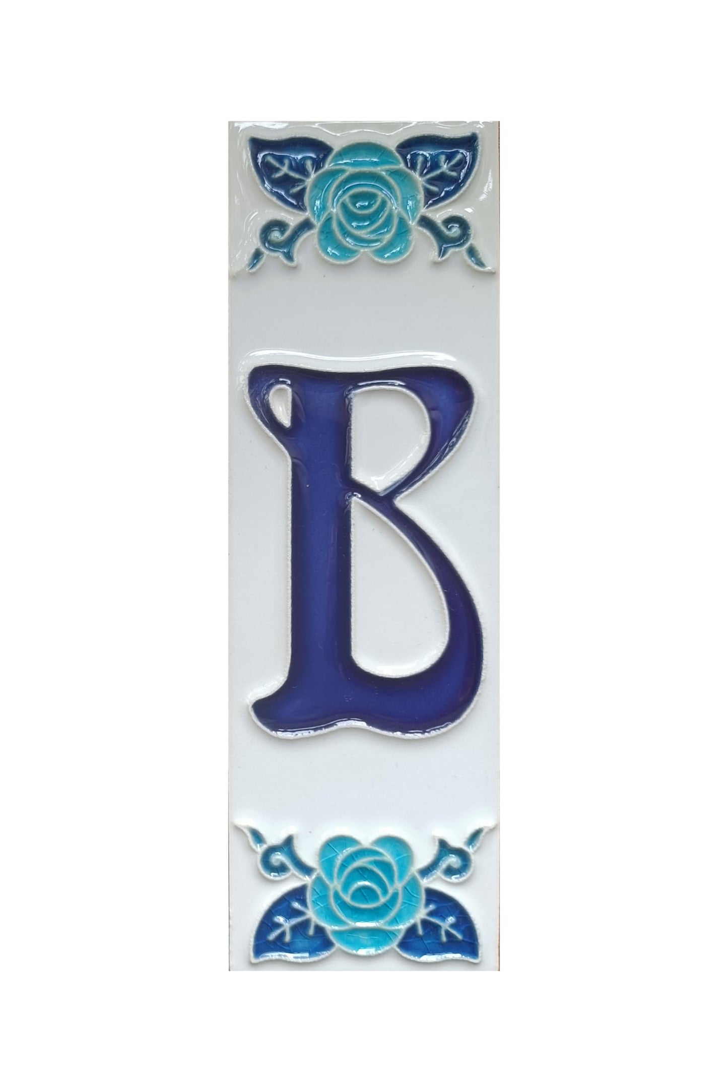 Italian hand-painted blue rose ceramic house number tiles 15 x 4.8cm