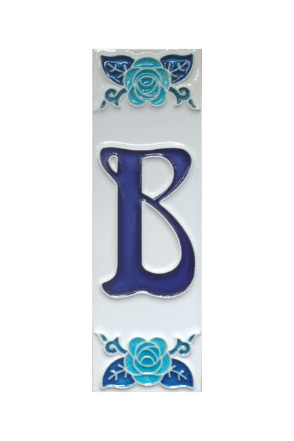 Italian hand-painted blue rose ceramic house number tiles 15 x 4.8cm