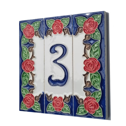 Hand-painted Italian Red Rose Ceramic House Numbers Tiles, Letters 15 x 4.8cm & Frames