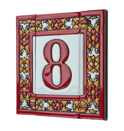 Spanish Floral Roja Ceramic House Number Tiles 11 x 5.5 cm