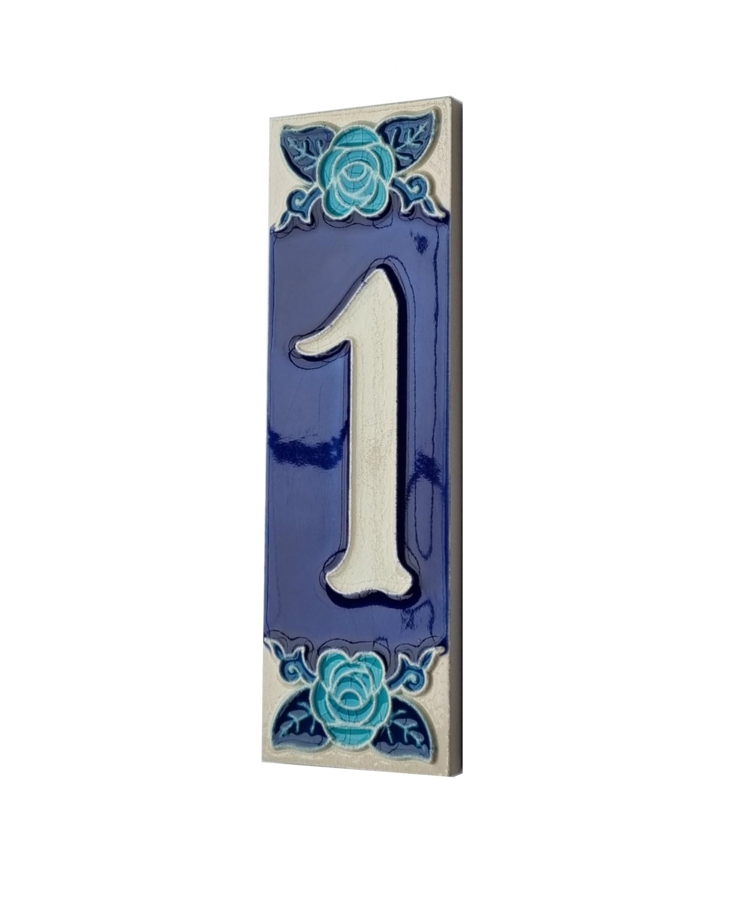 Italian Hand-painted Glow Dark Blue Rose Ceramic House Number Tiles 15 x 4.8 cm