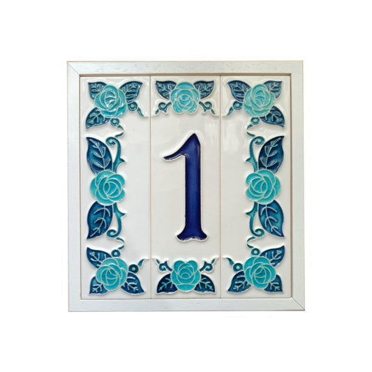 Italian hand-painted blue rose ceramic number tiles 15 x 4.8 cm with the option of frames