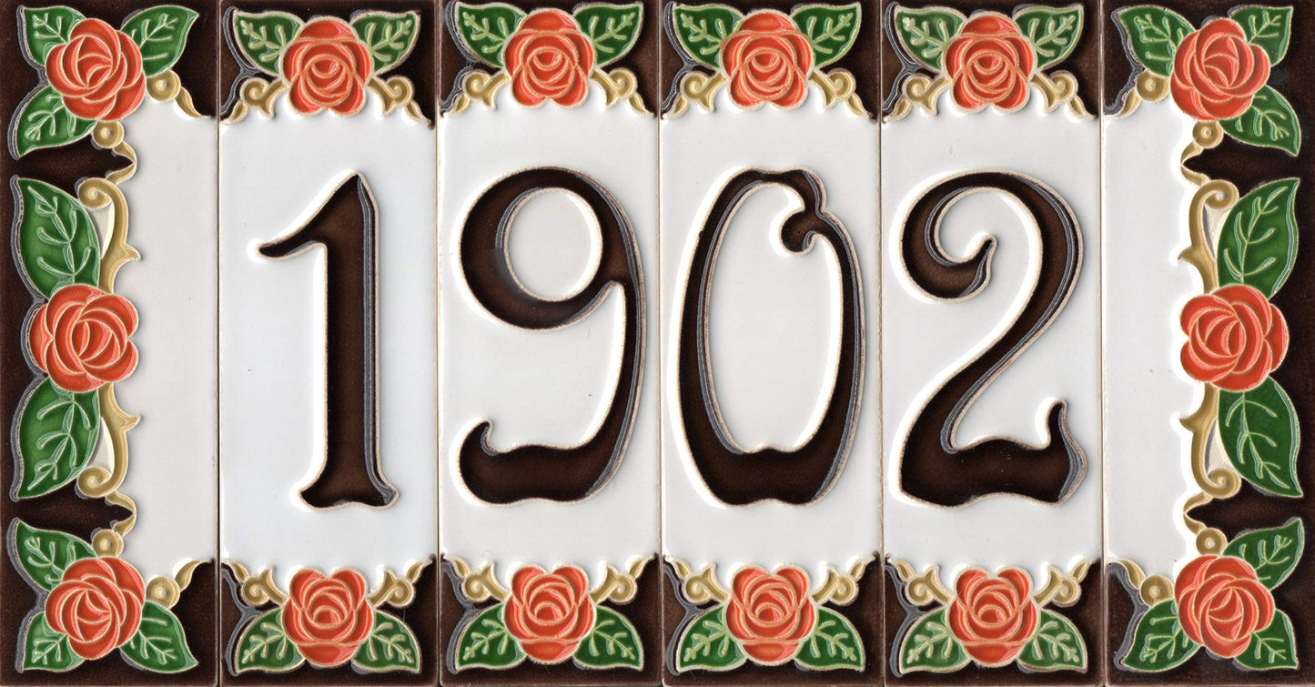 Italian Handmade Orange Ceramic Rose House Numbers Tiles 10 x 3.3cm | 3 to 6 Tile Frames