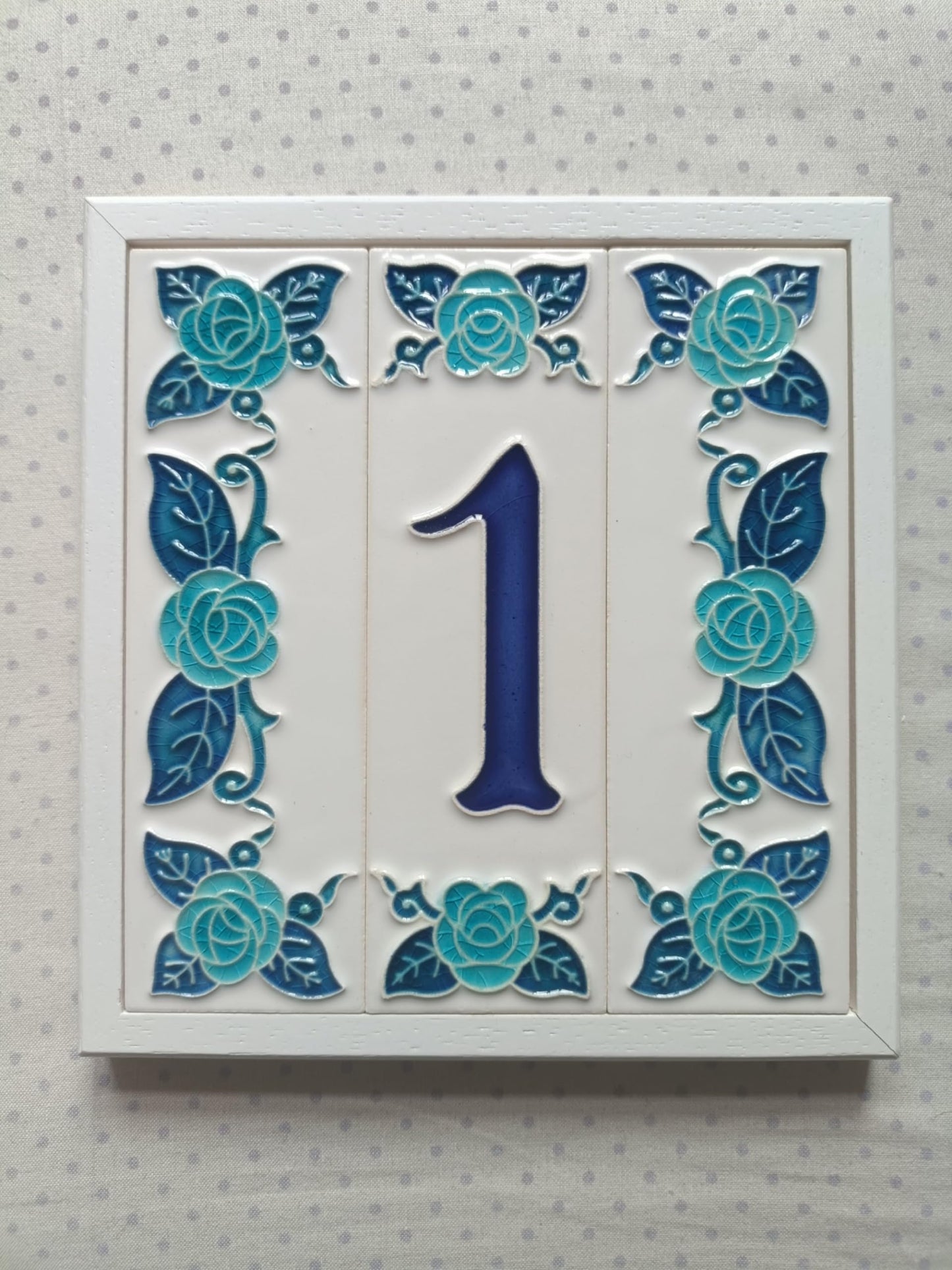 Italian hand-painted blue rose ceramic house number tiles 15 x 4.8cm