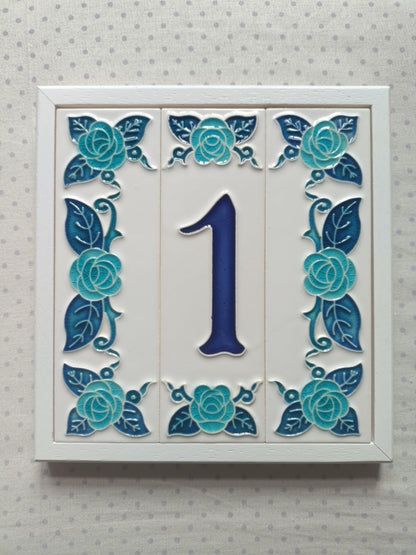 Italian hand-painted blue rose ceramic house number tiles 15 x 4.8cm