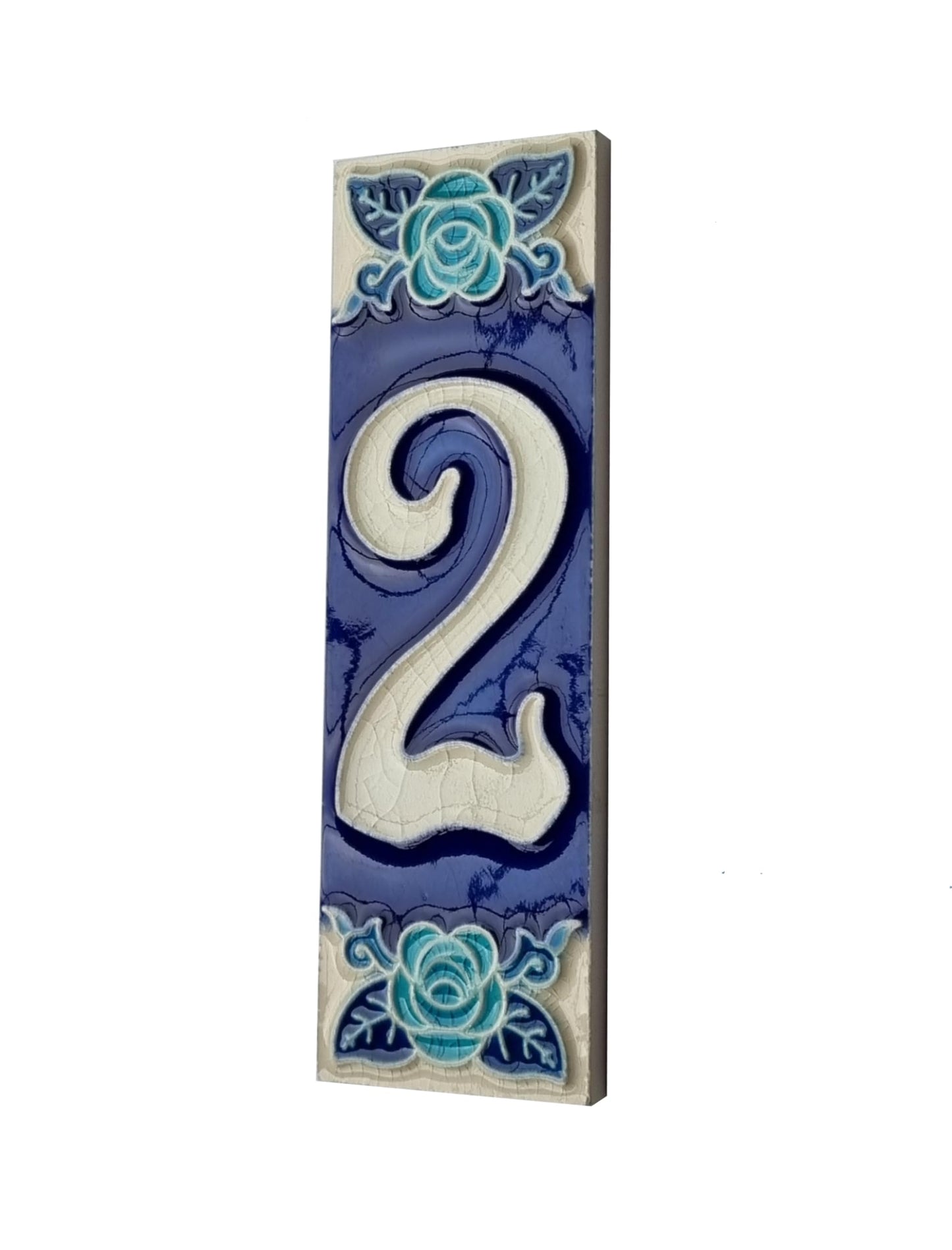 Italian Hand-painted Glow Dark Blue Rose Ceramic House Number Tiles 15 x 4.8 cm