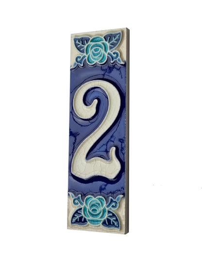 Italian Hand-painted Glow Dark Blue Rose Ceramic House Number Tiles 15 x 4.8 cm