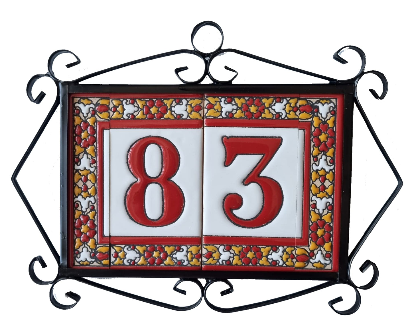 Spanish Floral Roja Ceramic House Number Tiles 11 x 5.5 cm