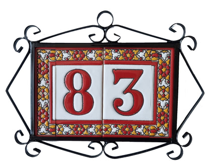 Spanish Floral Roja Ceramic House Number Tiles 11 x 5.5 cm