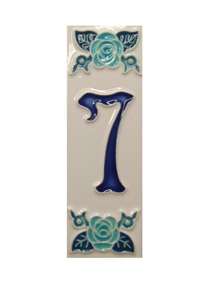 Italian hand-painted blue rose ceramic house number tiles 15 x 4.8cm