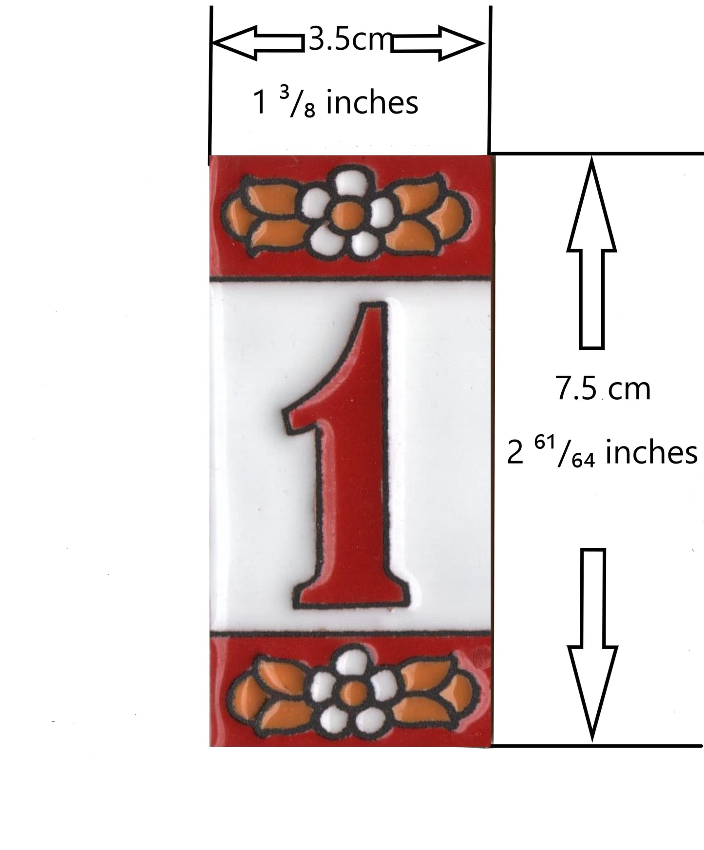 Ceramic House Tile Numbers & Letters, Red Floral Design, Tile Size: 7.5cm x 3.5cm, 2 to 10 Tile Frames